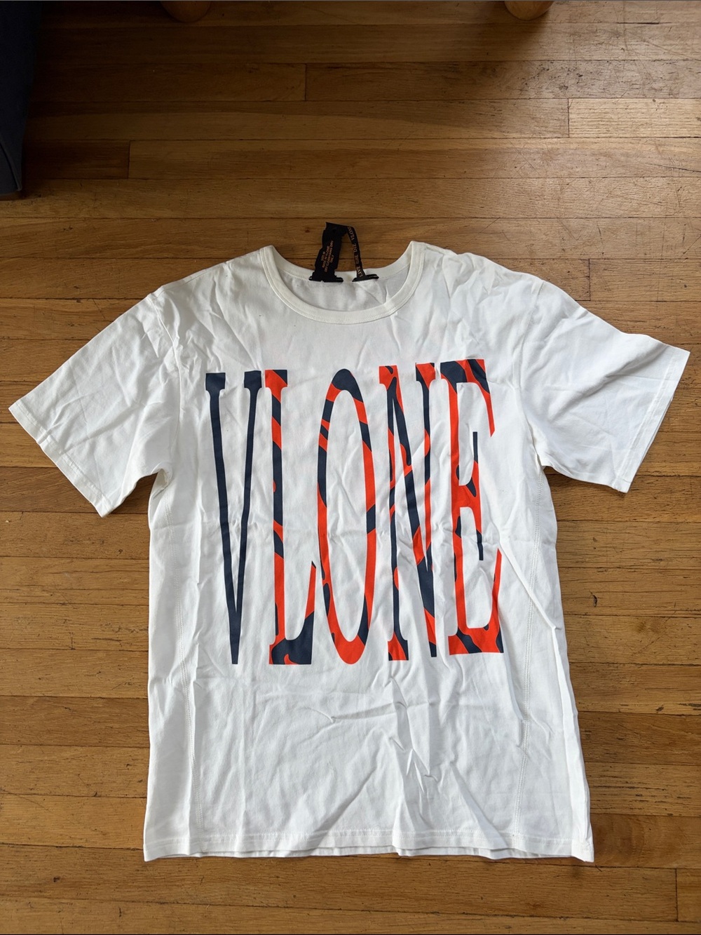 VLONE White Tee with Navy and Orange Graphic Logo